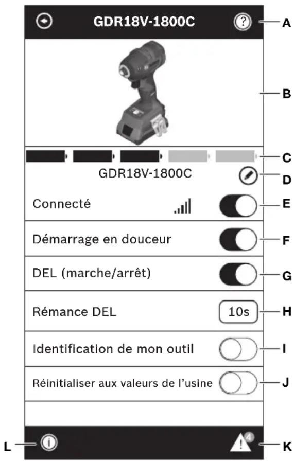 GDR18V-1800C A B C D E F G H I J L K GDR18V-1800C GDR18V-1800C Connecté Démarrage en douceur DEL (marche/arrêt) Rémance DEL Identification de mon outil Réinitialiser aux valeurs de l'usine