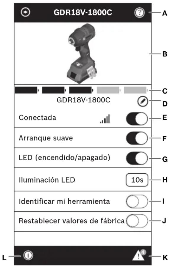 GDR18V-1800C A B C D E F G H I J L K GDR18V-1800C GDR18V-1800C Conectada Arranque suave LED (encendido/apagado) Iluminación LED Identificar mi herramienta Restablecer valores de fábrica