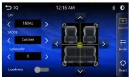 EQ 12:16 AM LPF 160Hz MODE Custom Subwoofer 0 Loudness Audio Reset
