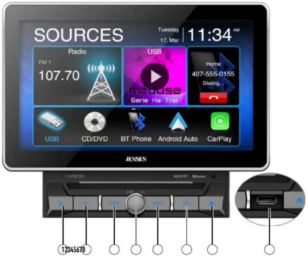 SOURCES Tuesday | 11:34 AM 17, Mar Radio FM 1 107.70 USB meuse Gerie Ha Trio Home 407-555-0155 Dialing... USB CD/DVD BT Phone Android Auto CarPlay JENSEN CARBOOD MOSFET 0Return 12345678