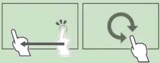 Diagram showing two hand gestures with arrows and a circular motion indicator, likely illustrating finger movement or rotation.