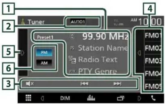 1 2 3 4 Tuner AUTO1 AM 10:00 Preset1 99.90 MHz FM Station Name AM Radio Text PTY PTY Genre FM01 FM02 FM03 FM04 FM05
