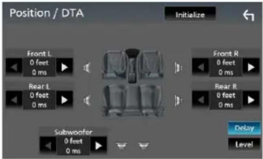 Position / DTA, Initialize, Front L 0 feet 0 ms, Rear L 0 feet 0 ms, Subwoofer 0 feet 0 ms, Front R 0 feet 0 ms, Rear R 0 feet 0 ms, Delay, Level