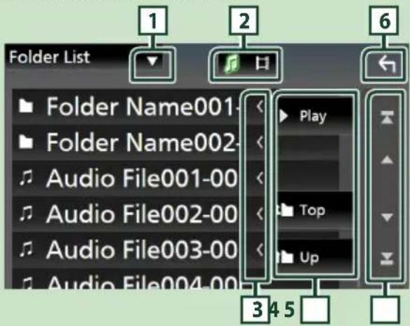 Folder List, Folder Name001-, Folder Name002-, Audio File001-00, Audio File002-00, Audio File003-00, Audio File004-00, Play, Top, Up, 1, 2, 6, 3 4 5