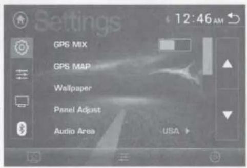 Settings 12:46 AM GPS MIX GPS MAP Wallpaper Panel Adjust Audio Area USA