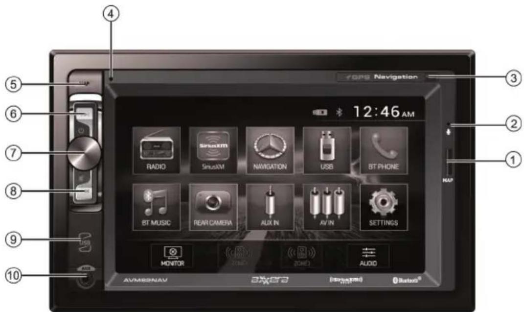 4 5 6 7 8 9 10 7:46 AM RADIO SinusXM NAVIGATION USB BT PHONE BT MUSIC REAR CAMERA AUX IN AV IN SETTINGS MONITOR 2000 2001 AUDIO AVM80NAV DX/OS (system) Bluetooth®