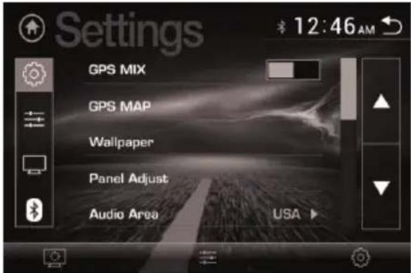 Settings GPS MIX GPS MAP Wallpaper Panel Adjust Audio Area USA 12:46 AM