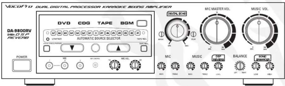 VOCOPY0 DUAL DIGITAL PROCESSOR KARAOKE MIXING AMPLIFIER DA-9800RV 24Bit DSP REVERB DVDCDGTAPETBGM b7 b6 b5 b4 b3 b2 b1 0#7 #6 #5 #4 #3 #2 #1 VPARTNER AUTOMATIC SOURCE SELECTOR TAPE REC. TARE REC. VISUAL CANCE/ PARTNER MIC REF. CONTROLS TAI MIC VOL. 2W POWER DIGITAL ECHO MIC MASTER VOL. MUSIC VOL. E MIN MAX DELAY MIN MIN MAX BALANCE SONIC ENHANCED MUSIC DSP REVERB BASIL THREELE BASE THREELE LAVEL LEFT RIGHT LOW HIGH