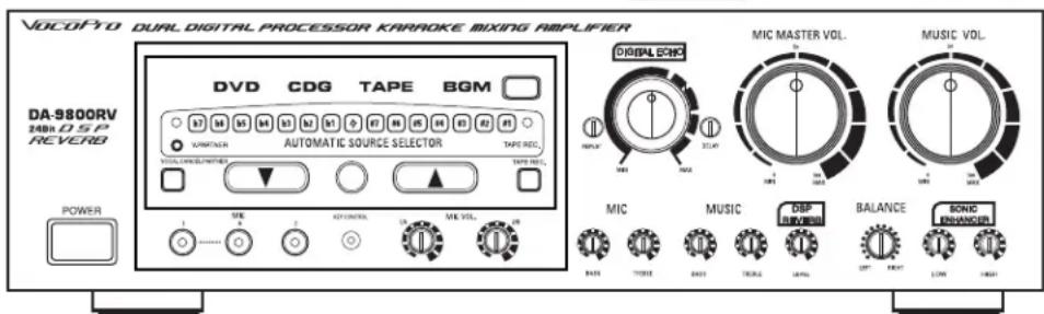 VOCOPY0 DUAL DIGITAL PROCESSOR KARAOKE MIXING AMPLIFIER DA-9800RV HMM O SP REVERB DVCD CDG TAPE BGM AUTOMATIC SOURCE SELECTOR TAPID REC. DISPAL SONIC MIC MASTER VOL. MUSIC VOL. POWER MINI MINI MINI MINI MINI MINI MINI MINI MINI MINI MINI MINI MINI MINI MINI MINI MINI MINI MINI MINI MINI MINI MINI MINI MINI MINI MINI MINI MINI MINI MINI MINI MINI MINI