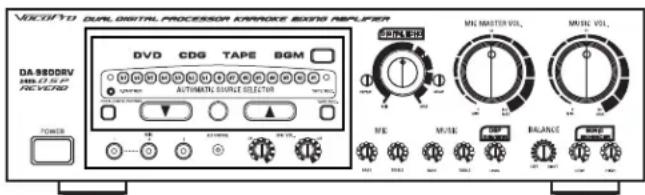 VOCIFYD DUAL DIGITAL PROCESSOR K-PARGE 8000 NERFLIPER DA 9800RV MILK/SF REVERO DVCD CDG TAPE BGM Automatic SENSLE SELECTOR SINCE POWER MN MASTER VOL. MUSK VOL. MIE MUE BALANCE BME