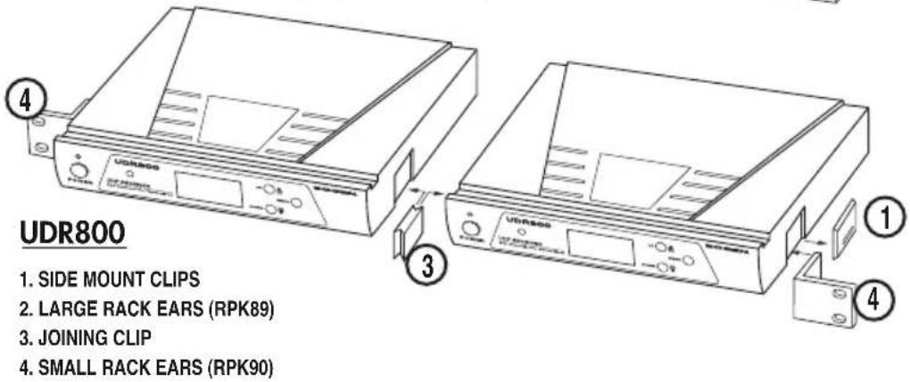 UDR800 1. SIDE MOUNT CLIPS 2. LARGE RACK EARS (RPK89) 3. JOINING CLIP 4. SMALL RACK EARS (RPK90)