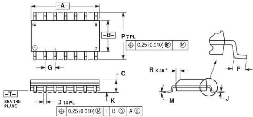 -A- 14 8 -B- 7 P 7 PL ⊕ 0.25 (0.010) M G C R x 45° F -T- SEATING PLANE D 14 PL K M J ⊕ 0.25 (0.010) M T B S A S