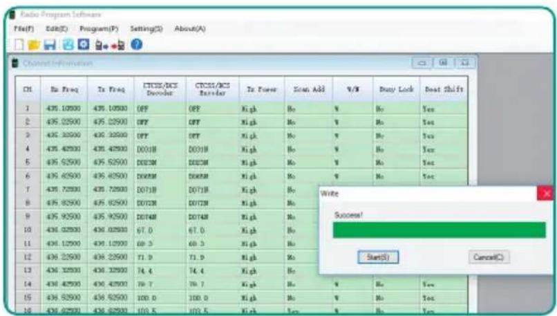 Radio Program Software File(F) Edit(E) Program(P) Setting(S) About(A) Chstrip Information CH Bus Freq Tx Freq CTCCS/DCS Decoder CTCCS/DCS Decoder Tx Power Scan Add V/V Busy Lock Reset Shift 1 435.10500 435.10500 OFF OFF High No % No Yes 2 435.02500 435.02500 OFF OFF High No % No Yes 3 435.32500 435.32500 OFF OFF High No % No Yes 4 435.42500 435.42500 D001B D001B High No % No Yes 5 435.52500 435.52500 D002B D002B High No % No Yes 6 435.62500 435.62500 D003B D003B High No % No Yes 7 435.72500 435.72500 D011B D011B High No % Write Success! Start(S) Cancel(C)