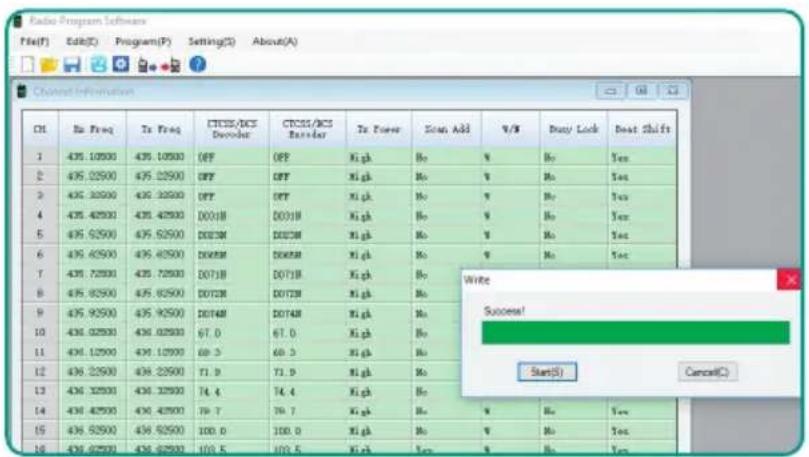 Radio Program Software File(F) Edit(E) Program(P) Setting(S) About(A) Chipsheet Information CH Rs Freq Ts Freq CTCS/DCS Dvorder CTCS/DCS Dvorder Ts Power Scan Add V/V Busy Lock Reset Shifts 1 435.10500 435.10500 OFF OFF High No % By Yes 2 435.02500 435.02500 OFF OFF High No % By Yes 3 435.32500 435.32500 OFF OFF High No % By Yes 4 435.42500 435.42500 DD31B DD31B High No % By Yes 5 435.62500 435.62500 DD32M DD32M High No % By Yes 6 435.62500 435.62500 DD33M DD33M High No % By Yes 7 435.72500 435.72500 DD31B DD31B High No % By Yes 8 435.82500 435.82500 DD32M DD32M High No % Write Success! Start(S) Cancel(C)