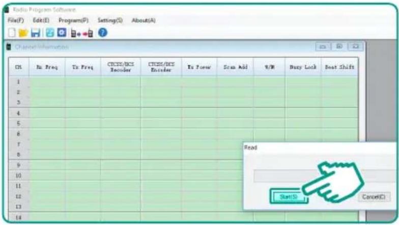 File(F) Edit(E) Program(P) Setting(S) About(A) Channel Information C1 No Freq To Freq CTCSS/DCS Encoder CTCSS/DCS Encoder To Power Scan Add W/N Busy Lock Beat Shift 1 2 3 4 5 6 7 8 9 10 11 12 13 14 Read Start(S) Cancel(C)