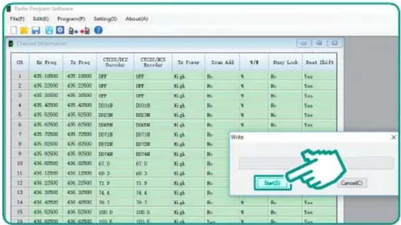 Radio Program Software File(F) Edit(E) Program(P) Setting(S) About(A) Channel Information CH: Rx Freq Tx Freq CTCS/DCS Devder CTCSS/DCS Breaker Tx Power Scan Add V/W Busy Lock Beat Shift 1 435.10500 435.10500 OFF OFF High No Yes 2 435.22500 435.22500 OFF OFF High No Yes 3 435.32500 435.32500 OFF OFF High No Yes 4 435.42500 435.42500 D001B D001B High No Yes 5 435.52500 435.52500 D002M D002M High No Yes 6 435.62500 435.62500 D003M D003M High No Yes 7 435.72500 435.72500 D011B D011B High No 8 435.82500 435.82500 D012M D012M High No 9 435.92500 435.92500 D014M D014M High No 10 436.02500 436.02500 67.0 67.0 High No 11 436.12500 436.12500 68.3 68.3 High No 12 436.22500 436.22500 T1.9 T1.9 High No 13 436.32500 436.32500 T4.4 T4.4 High No 14 436.42500 436.42500 T6.7 T6.7 High No Yes 15 436.52500 436.52500 T10.0 T10.0 High No Yes 16 436.62500 436.62500 T13.5 T13.5 High Yes Yes Write Start(S) Cancel(C)