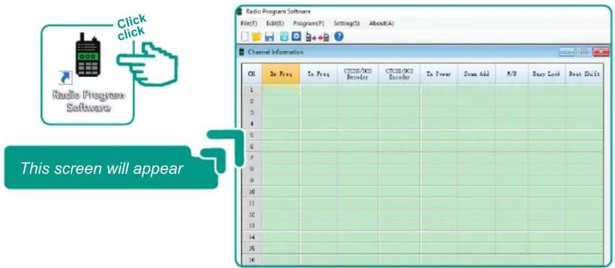 Radio Program Software Click click Radio Program Software This screen will appear Radio Program Software File(F) Edit(E) Program(P) Setting(S) About(A) Channel Information OK In Free To Free CTSS/DCS Decoder CTSS/DCS Encoder To Power Scan Add A/H Dxy Lock Beat Shifts