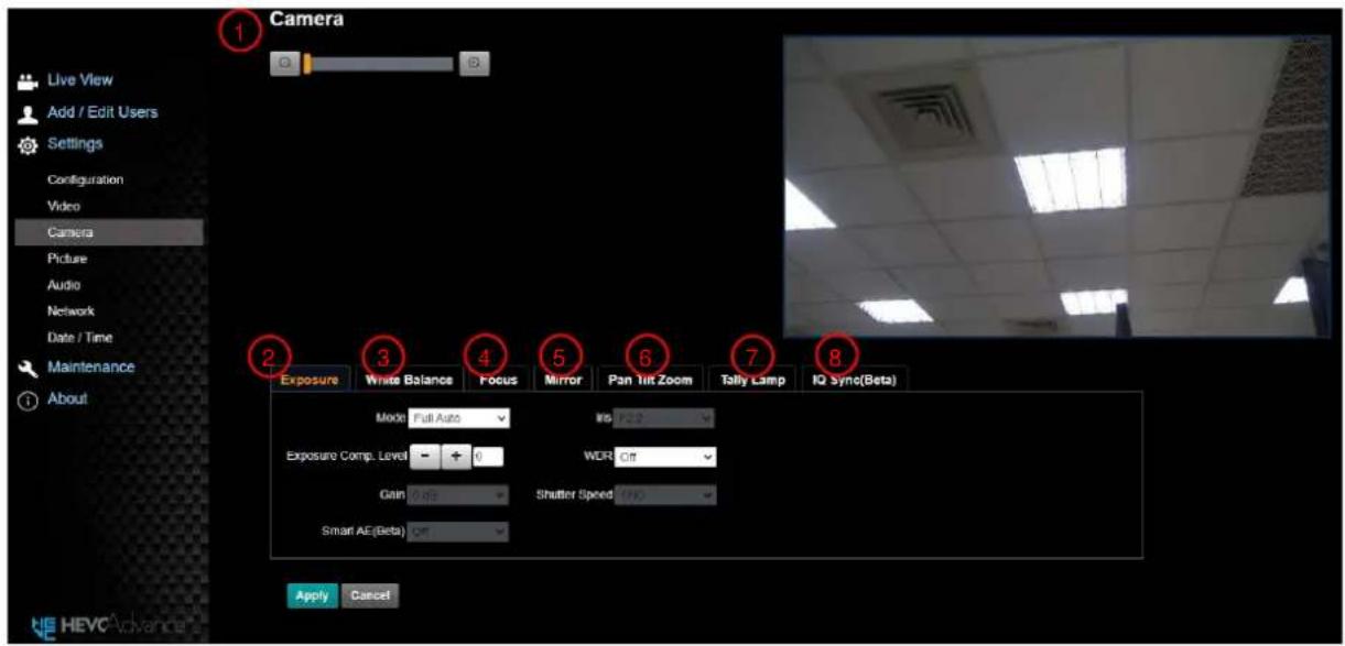 1 Camera Live View Add / Edit Users Settings Configuration Video Camera Picture Audio Network Date / Time Maintenance About 2 Exposure 3 Write Balance 4 Focus 5 Mirror 6 Pan Tilt Zoom 7 Tally Lamp 8 IQ Sync(Beta) Model Full Auto Exposure Comp. Level Gain Rate Smart AE(Beta) Apply Cancel No 12.2 WDR Off Shutter Speed (PA) HEVC Advance