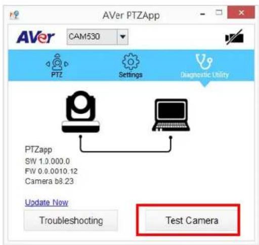 AVer PTZApp CAM530 PTZ Settings Diagnostic Utility PTZapp SW 1.0.000.0 FW 0.0.0010.12 Camera b8.23 Update Now Troubleshooting Test Camera