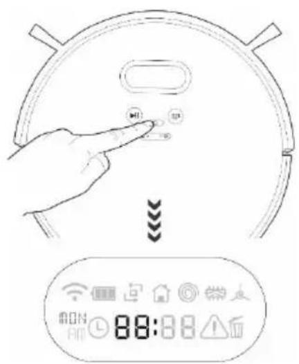 Diagram showing a hand interacting with a robotic device, with a digital display displaying time and icons below.
