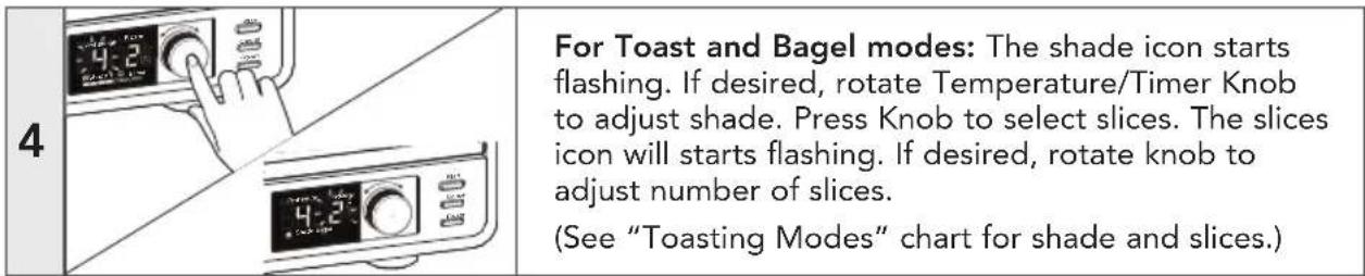 4 For Toast and Bagel modes: The shade icon starts flashing. If desired, rotate Temperature/Timer Knob to adjust shade. Press Knob to select slices. The slices icon will start flashing. If desired, rotate knob to adjust number of slices. (See "Toasting Modes" chart for shade and slices.)