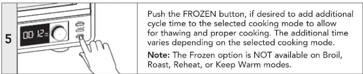 5 Push the FROZEN button, if desired to add additional cycle time to the selected cooking mode to allow for thawing and proper cooking. The additional time varies depending on the selected cooking mode. Note: The Frozen option is NOT available on Broil, Roast, Reheat, or Keep Warm modes.
