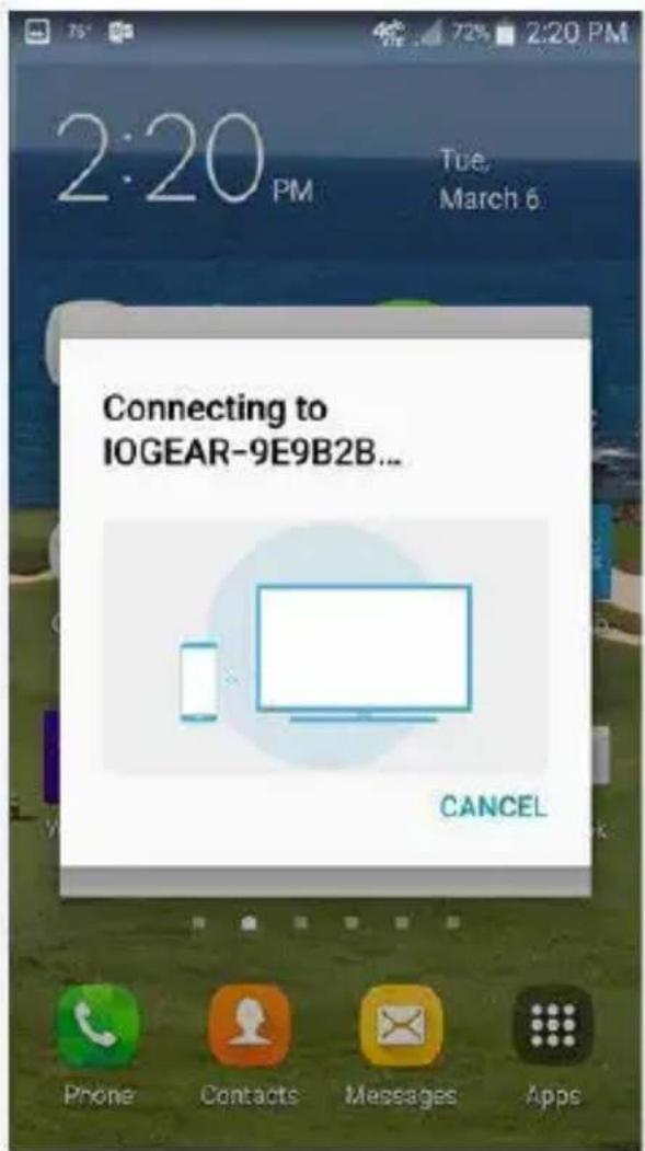 2:20 PM Tue, March 6 Connecting to IOGEAR-9E9B2B... CANCEL Phone Contacts Messages Apps