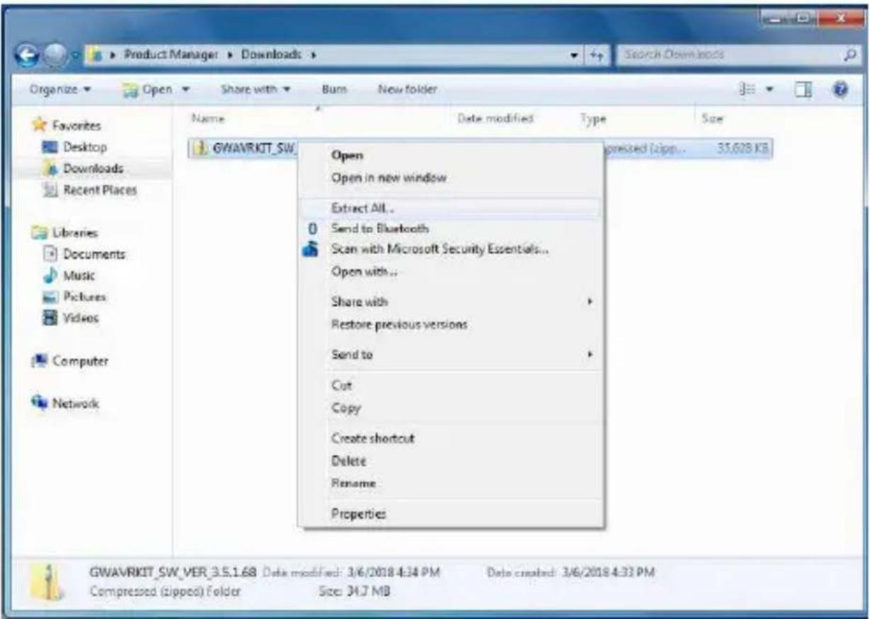 Product Manager > Downloads > Search Downloads Organize Open Share with Burn New folder Favorites Desktop Downloads Recent Places Libraries Documents Music Pictures Videos Computer Network GWAVRKITT_SW_ Open Open Open in new window Extract All.. Send to Bluetooth Scan with Microsoft Security Essentials... Open with .. Share with Restore previous versions Send to Cut Copy Create shortcut Delete Rename Properties GWA VRKITT_SW VER 3.5.1.68 Data modified: 3/6/2018 4:34 PM Data created: 3/6/2018 4:33 PM Compressed (zipped) Folder Size: 34.7 MB