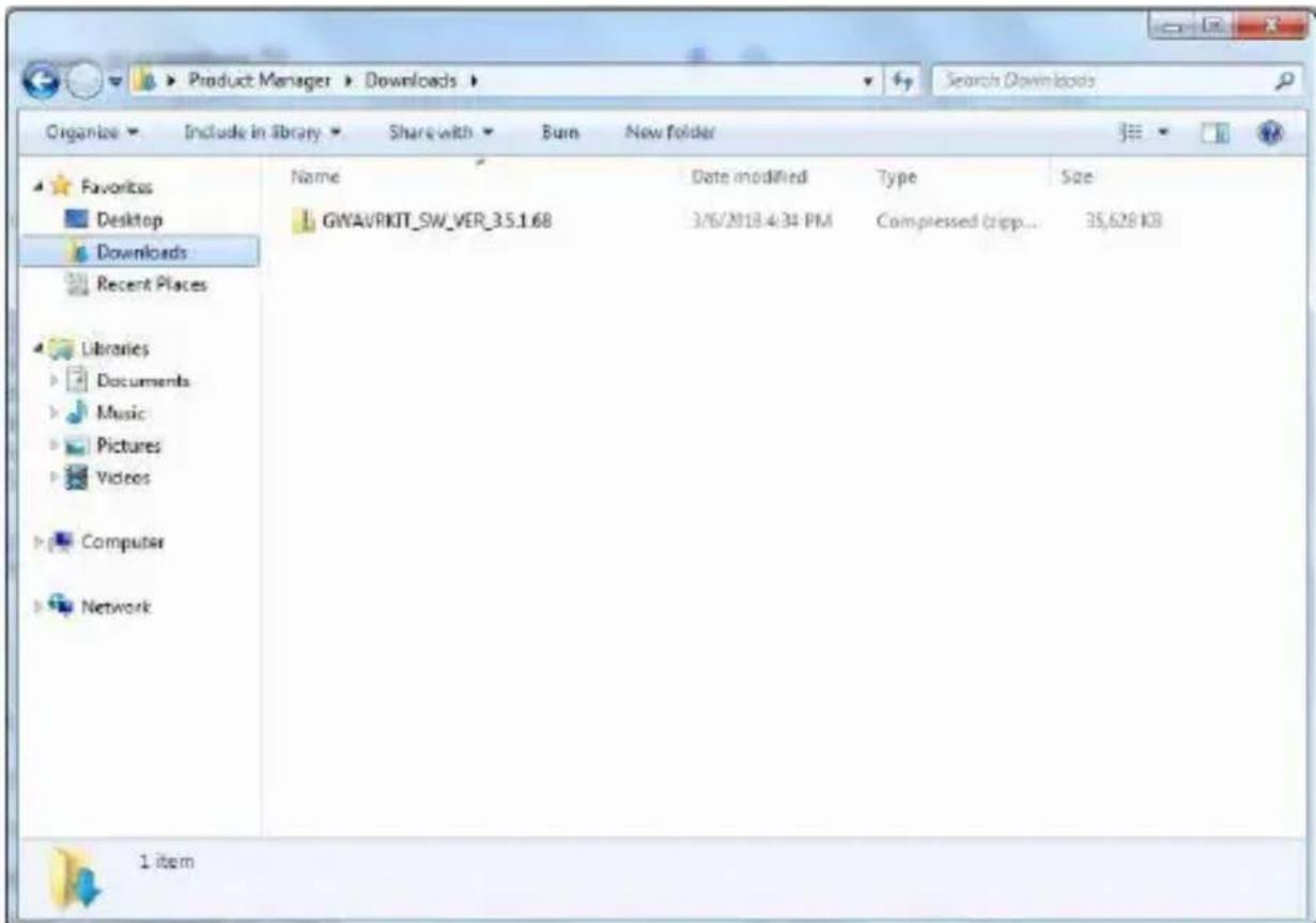 Product Manager Downloads Organize Include in library Share with Burn New folder Search Downloads Favorites Name Date modified Type Size Desktop GWAVRKIT_SW_VER_35.1.68 3/6/2018.4:34 PM Compressed (ripp... 35,628 KB) Downloads Recent Places Libraries Documents Music Pictures Videos Computer Network 1 item