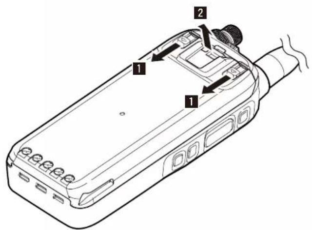 Technical diagram of a handheld device with labeled parts 1 and 2, showing internal components and wiring connections.