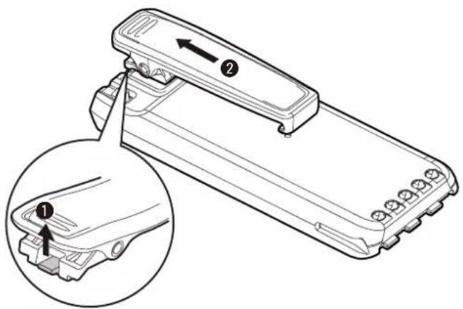 Technical diagram of a mechanical device with labeled parts and an inset view showing a component detail.