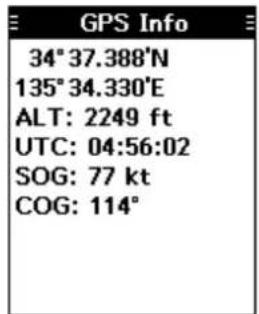 GPS Info 34° 37.388'N 135° 34.330'E ALT: 2249 ft UTC: 04:56:02 SOG: 77 kt COG: 114°