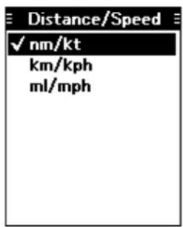Distance/Speed ✓ nm/kt km/kph ml/mph