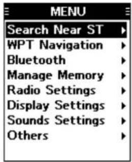 MENU Search Near ST WPT Navigation Bluetooth Manage Memory Radio Settings Display Settings Sounds Settings Others