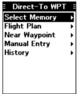 Direct-To WPT Select Memory Flight Plan Near Waypoint Manual Entry History