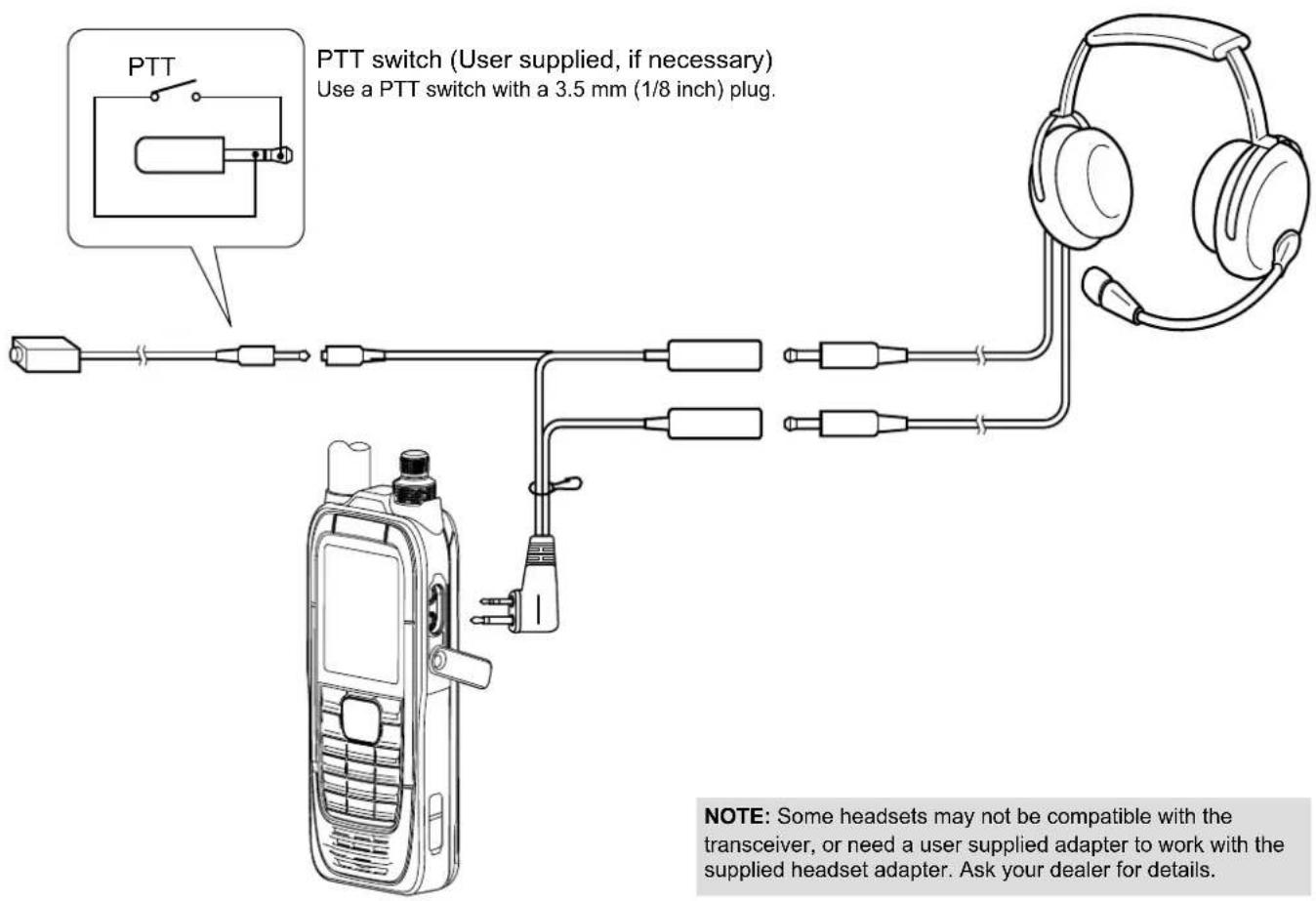 PTT switch (User supplied, if necessary) Use a PTT switch with a 3.5 mm (1/8 inch) plug. NOTE: Some headsets may not be compatible with the transceiver, or need a user supplied adapter to work with the supplied headset adapter. Ask your dealer for details.