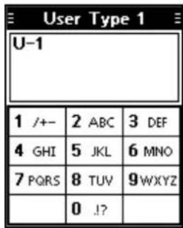 User Type 1 U-1 1 /+- 2 ABC 3 DEF 4 GHI 5 JKL 6 MNO 7 PQRS 8 TUV 9WXYZ 0 !?