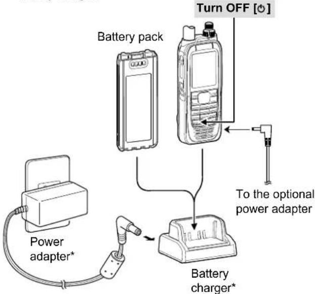 Turn OFF [◎] Battery pack Power adapter* To the optional power adapter Battery charger*