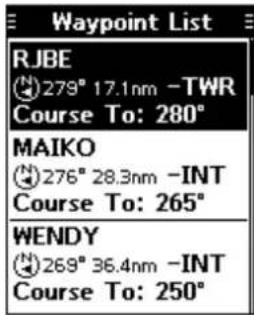 Waypoint List RJBE 279° 17.1nm -TWR Course To: 280° MAIKO 276° 28.3nm -INT Course To: 265° WENDY 269° 36.4nm -INT Course To: 250°