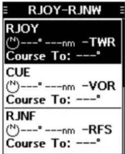 RJOY-RJNW RJOY (N)---°---nm -TWR Course To: ---° CUE (N)---°---nm -VOR Course To: ---° RJNF (N)---°---nm -RFS Course To: ---°