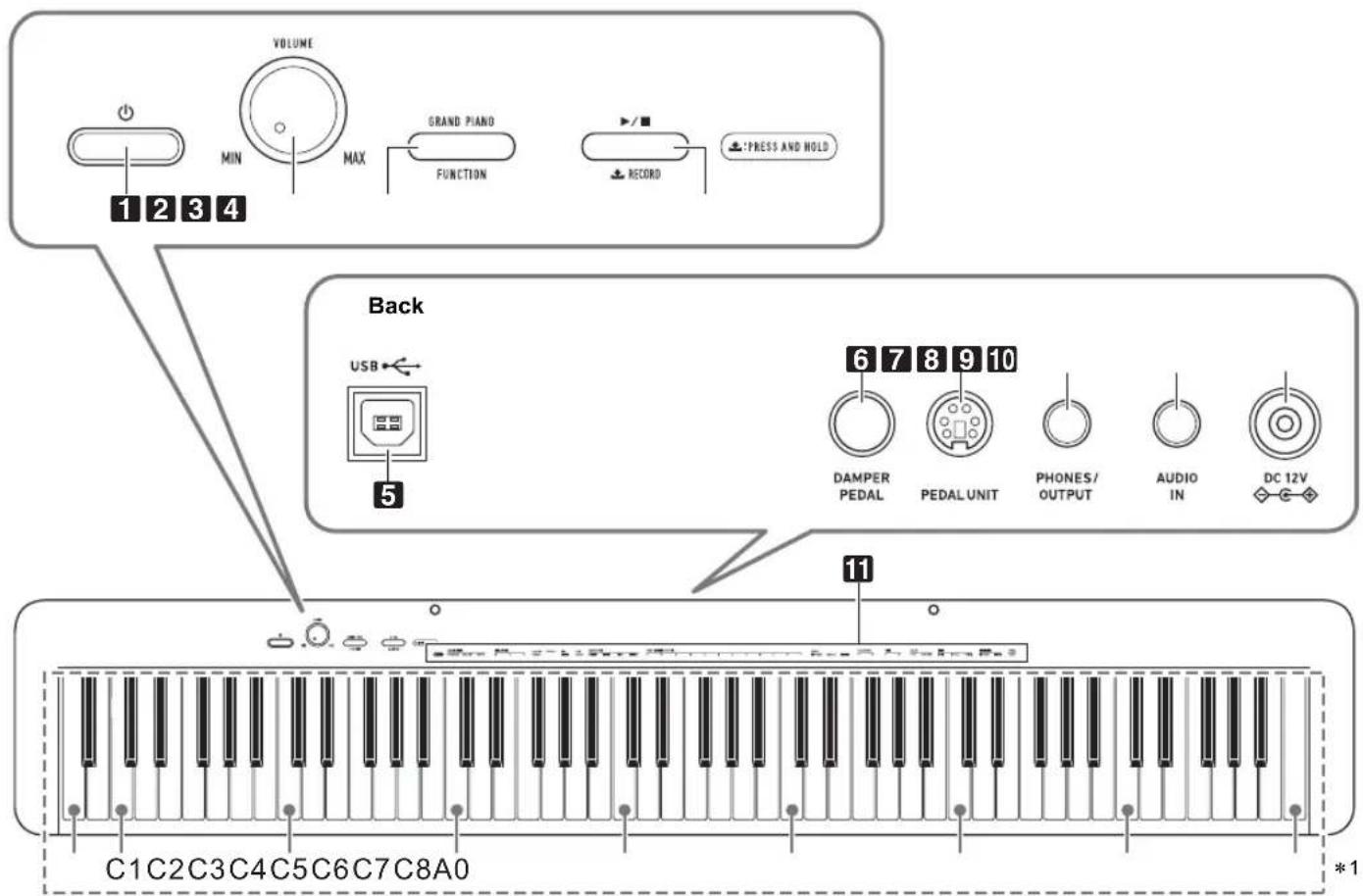VOLUME MIN MAX GRAND PIANO FUNCTION RECORD :PRESS AND HOLD 1 2 3 4 Back USB ← 5 6 7 8 9 10 DAMPER PEDAL PEDAL UNIT PHONES/ OUTPUT AUDIO IN DC 12V 11 C1 C2 C3 C4 C5 C6 C7 C8 A0 *1