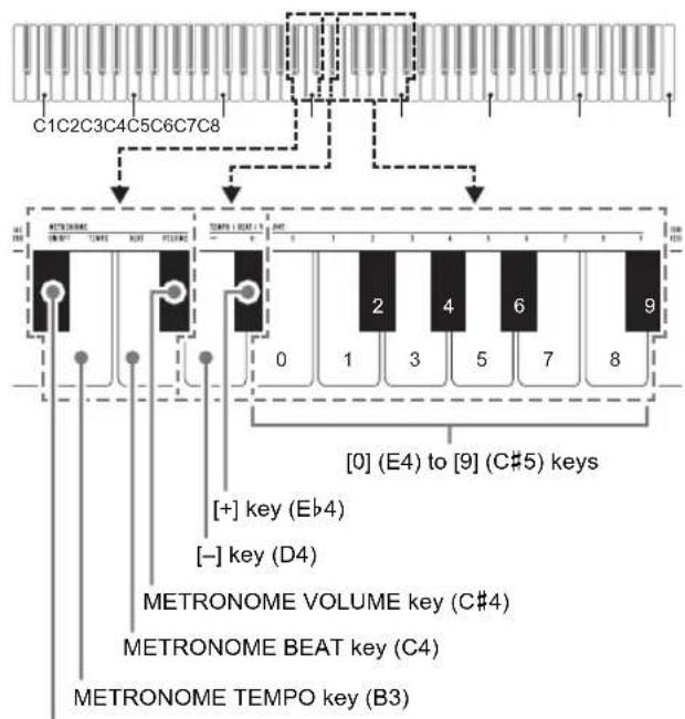 C1C2C3C4C5C6C7C8 METRONOME 0 TOMES (E4) to [9] (C#5) keys [+] key (Eb4) [-] key (D4) METRONOME VOLUME key (C#4) METRONOME BEAT key (C4) METRONOME TEMPO key (B3)