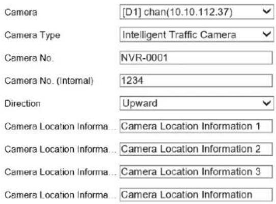 Camera [D1] chan(10.10.112.37) Camera Type Intelligent Traffic Camera Camera No. NVR-0001 Camera No. (Internal) 1234 Direction Upward Camera Location Informa... Camera Location Information 1 Camera Location Informa... Camera Location Information 2 Camera Location Informa... Camera Location Information 3 Camera Location Informa... Camera Location Information