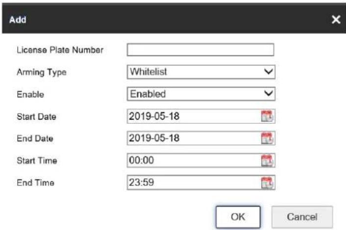 Add License Plate Number Arming Type Whitelist Enable Enabled Start Date 2019-05-18 End Date 2019-05-18 Start Time 00:00 End Time 23:59 OK Cancel