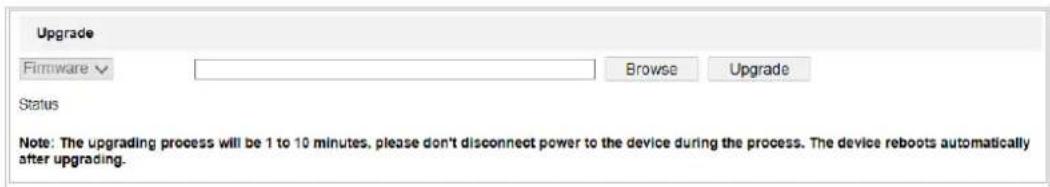 Upgrade Firmware Browse Upgrade Status Note: The upgrading process will be 1 to 10 minutes, please don't disconnect power to the device during the process. The device reboots automatically after upgrading.