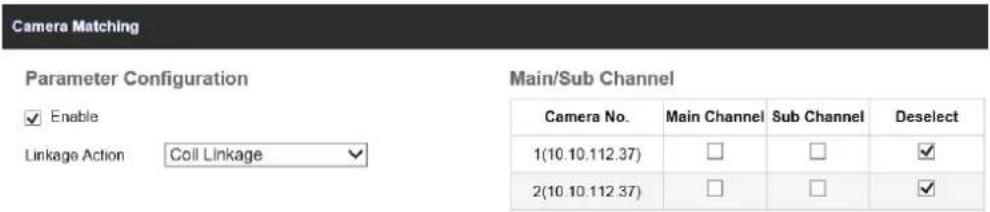 Camera Matching Parameter Configuration ✓ Enable Linkage Action Coll Linkage Main/Sub Channel Camera No. Main Channel Sub Channel Deselect 1(10.10.112.37) □ □ ✓ 2(10.10.112.37) □ □ ✓
