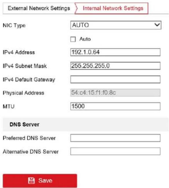External Network Settings Internal Network Settings NIC Type AUTO Auto IPv4 Address 192.1.0.64 IPv4 Subnet Mask 255.255.255.0 IPv4 Default Gateway Physical Address 54:c4:15:f1:f0:8c MTU 1500 DNS Server Preferred DNS Server Alternative DNS Server Save