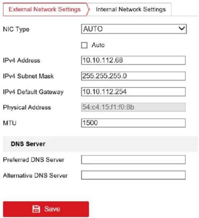 External Network Settings Internal Network Settings NIC Type AUTO Auto IPv4 Address 10.10.112.68 IPv4 Subnet Mask 255.255.255.0 IPv4 Default Gateway 10.10.112.254 Physical Address 54:c4:15:f1:f0:8b MTU 1500 DNS Server Preferred DNS Server Alternative DNS Server Save