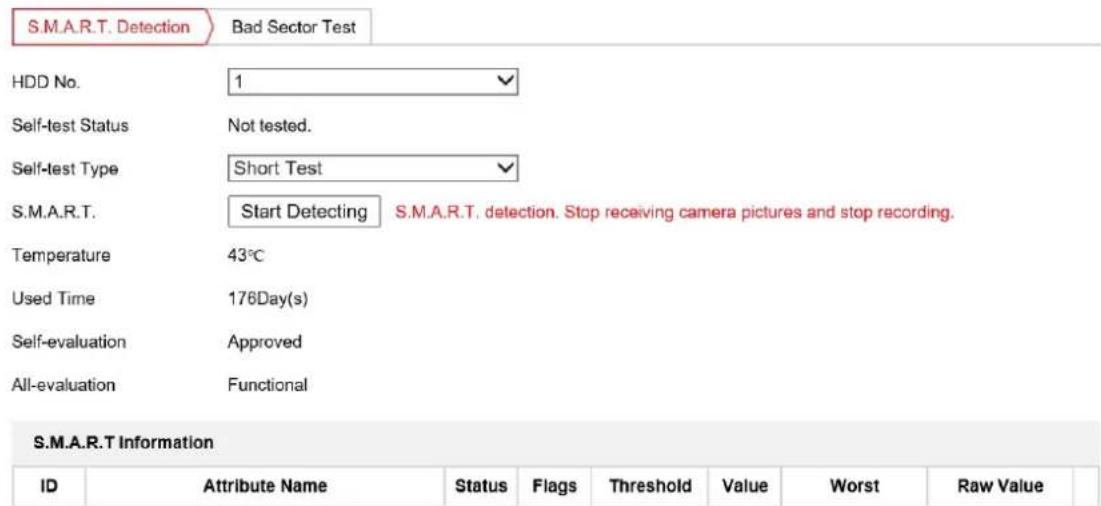 S.M.A.R.T. Detection Bad Sector Test HDD No. 1 Self-test Status Not tested. Self-test Type Short Test S.M.A.R.T. Start Detecting S.M.A.R.T. detection. Stop receiving camera pictures and stop recording. Temperature 43°C Used Time 176Day(s) Self-evaluation Approved All-evaluation Functional S.M.A.R.T Information ID Attribute Name Status Flags Threshold Value Worst Raw Value