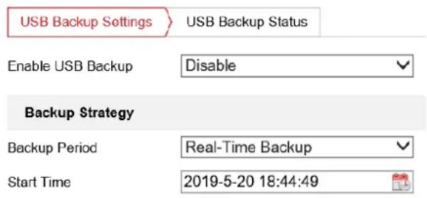 USB Backup Settings USB Backup Status Enable USB Backup Disable Backup Strategy Backup Period Real-Time Backup Start Time 2019-5-20 18:44:49